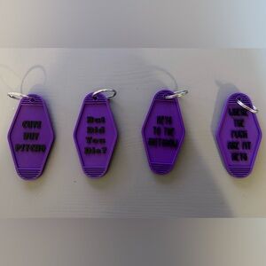 Purple Keychain Set with Humorous Text